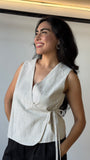 Sleeveless Surplice Stripe Gauze Top