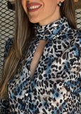 Blue Leopard High Neck Blouse
