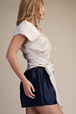Boat Neck Waist Tie Blouse
