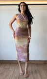 Cut-out & Bead Trim Shirred Midi Dress