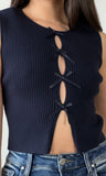 Bow Detail Ribbed Navy Sweater