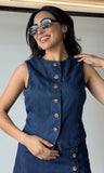 Gold Button Round Neck Denim Vest Top