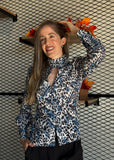 Blue Leopard High Neck Blouse