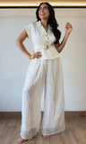 Solid V-neck Sheer Jumpsuit