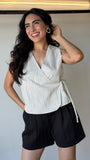 Sleeveless Surplice Stripe Gauze Top