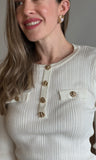 Ribbed Knit Top W/ Gold Buttons