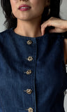 Gold Button Round Neck Denim Vest Top