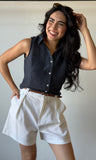 Sleeveless Surplice Stripe Gauze Top