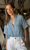 Short Sleeve V Neck Chambray Shirt
