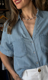 Short Sleeve V Neck Chambray Shirt