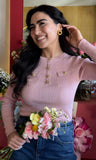 Ribbed Knit Top W/ Gold Buttons